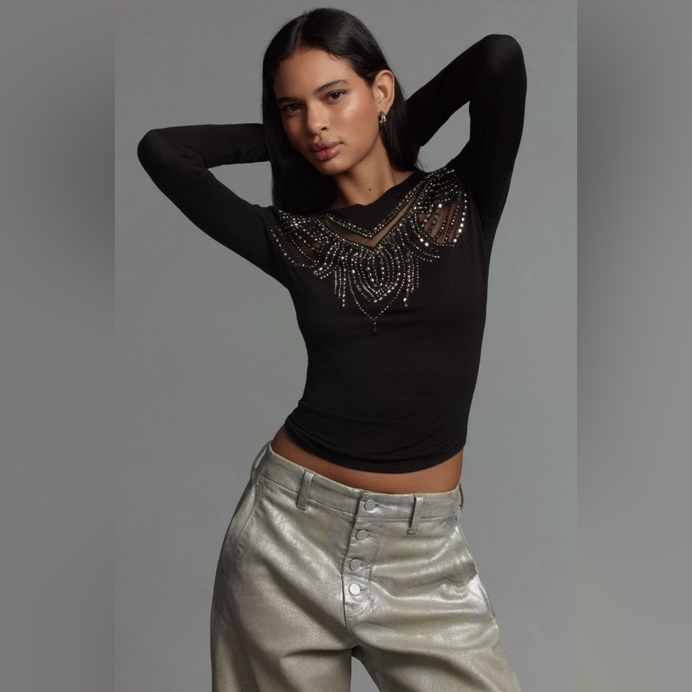✨ Anthropologie Long-Sleeve Beaded Appliqué Top Sz S - Picture 2 of 6